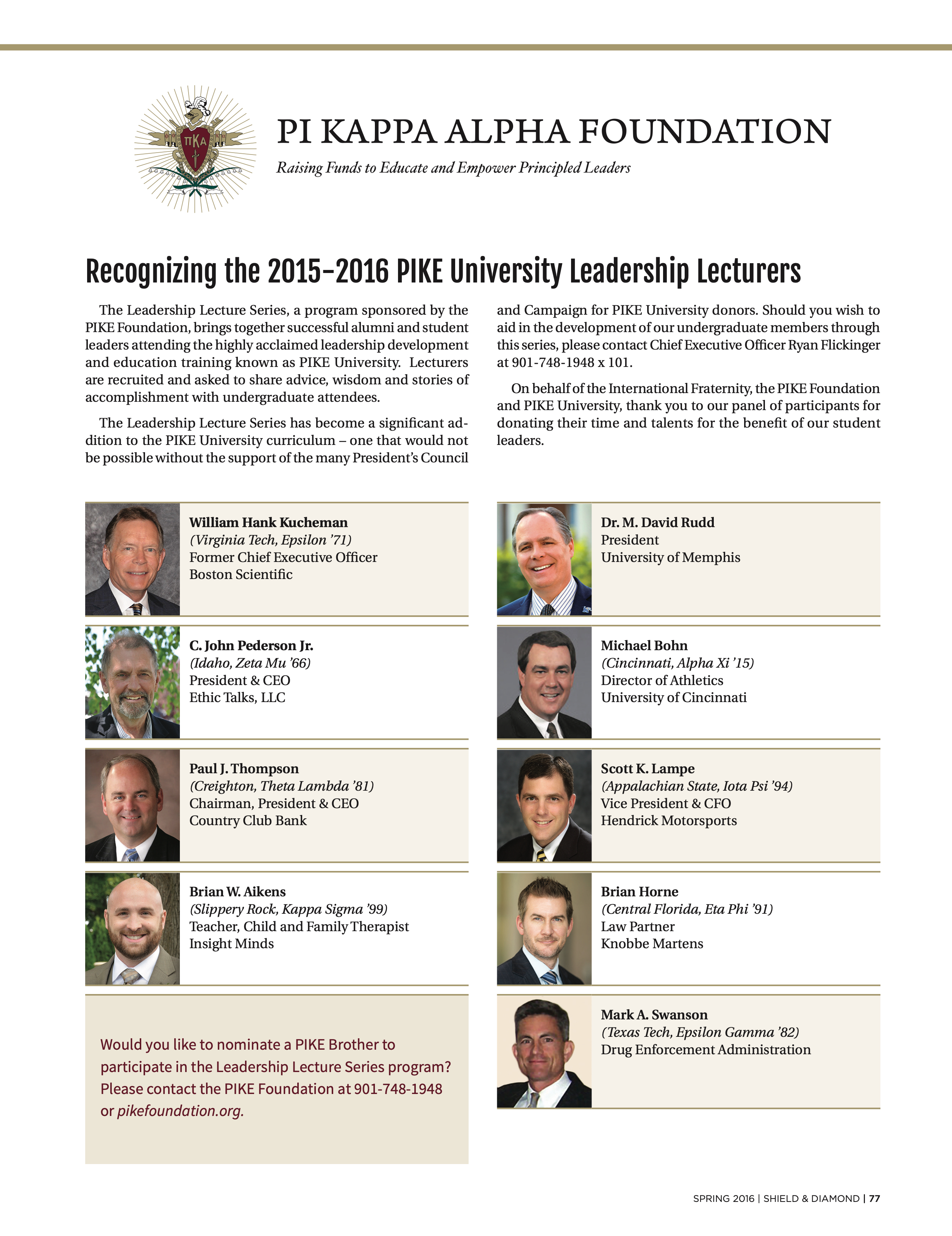 Pi Kappa Alpha Foundation, Spring 2016